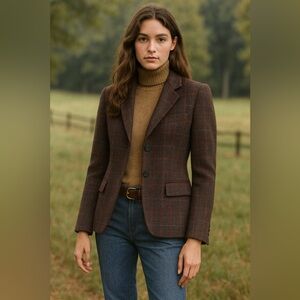 Vintage Haggar Women's Brown Red Blue Plaid Tweed Blazer Wool Dark Academia 8